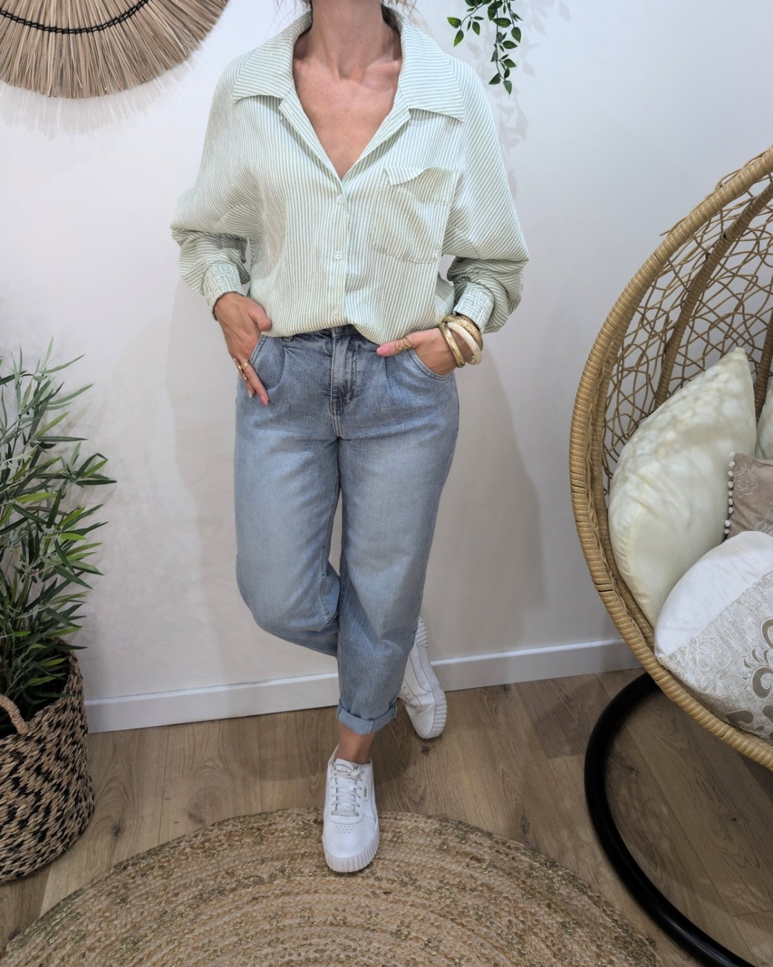 Chemisier femme vert pailleté à rayures