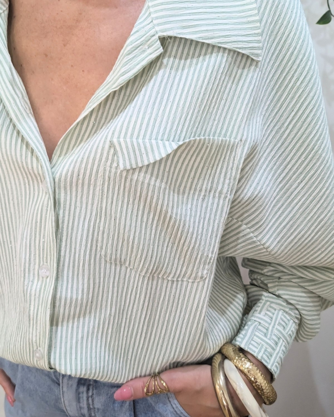 Chemisier femme vert pailleté à rayures