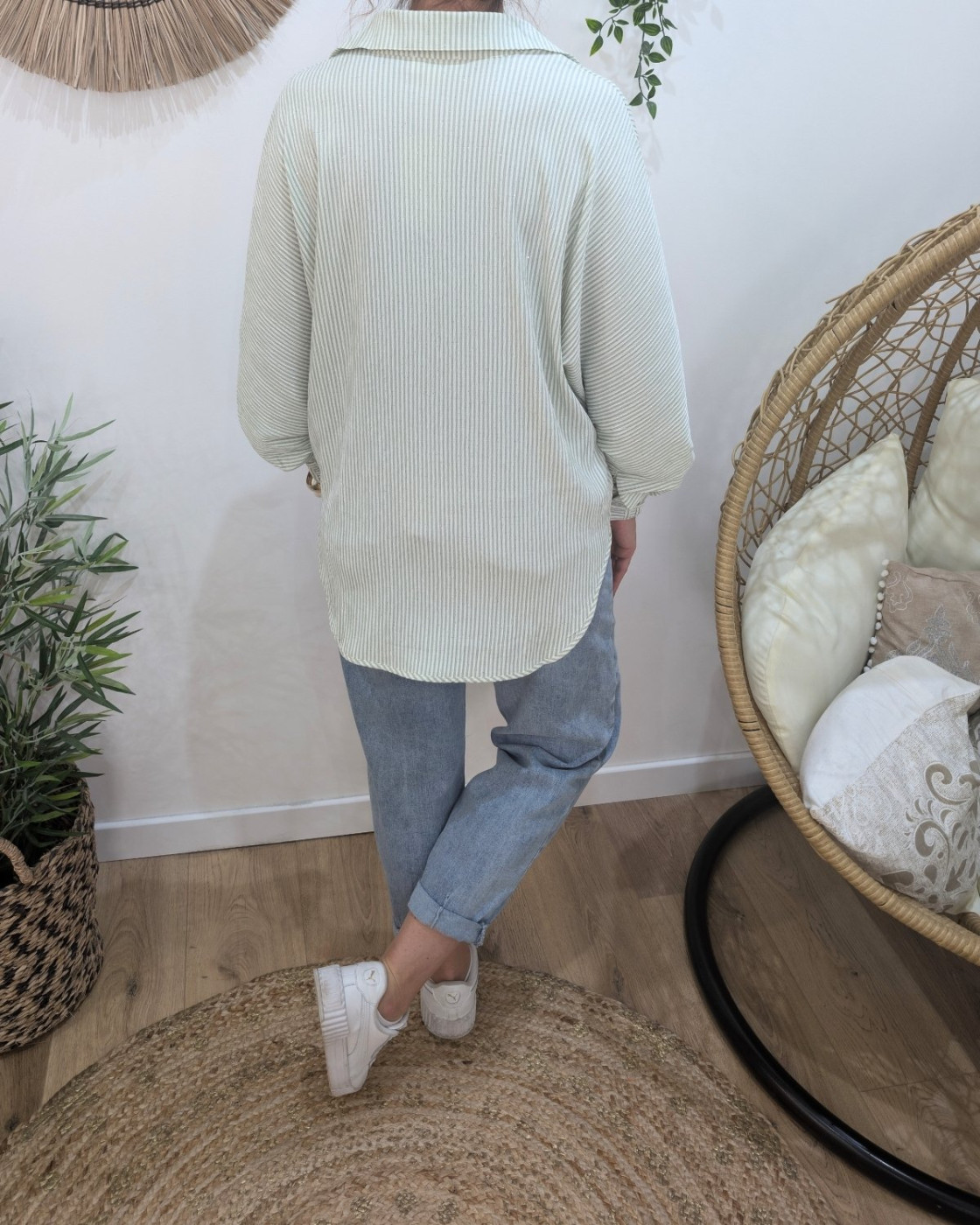 Chemisier femme vert pailleté à rayures