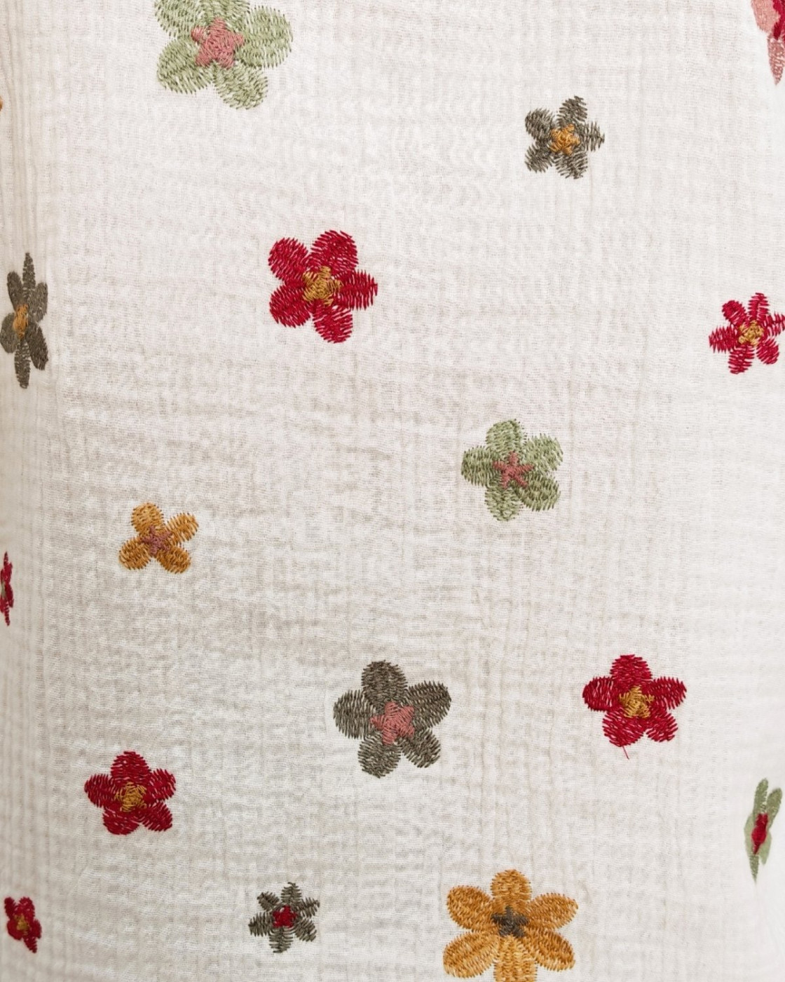 Chemisier femme coton gaze blanc fleurs brodées kaki moutarde et rouges