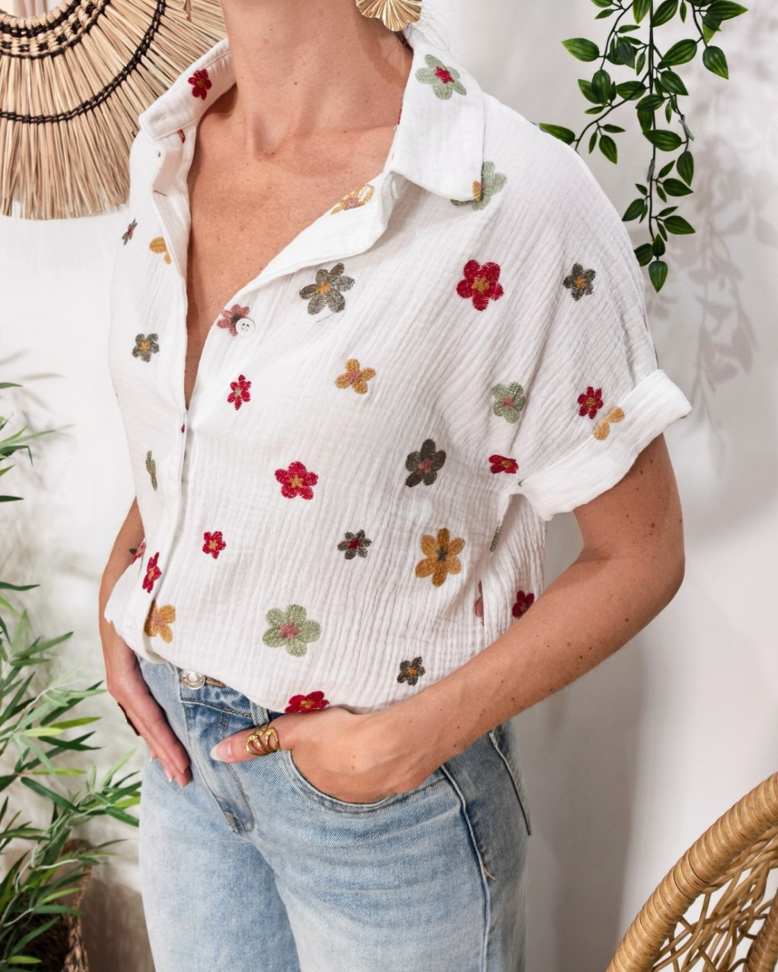 Chemisier femme coton gaze blanc fleurs brodées kaki moutarde et rouges