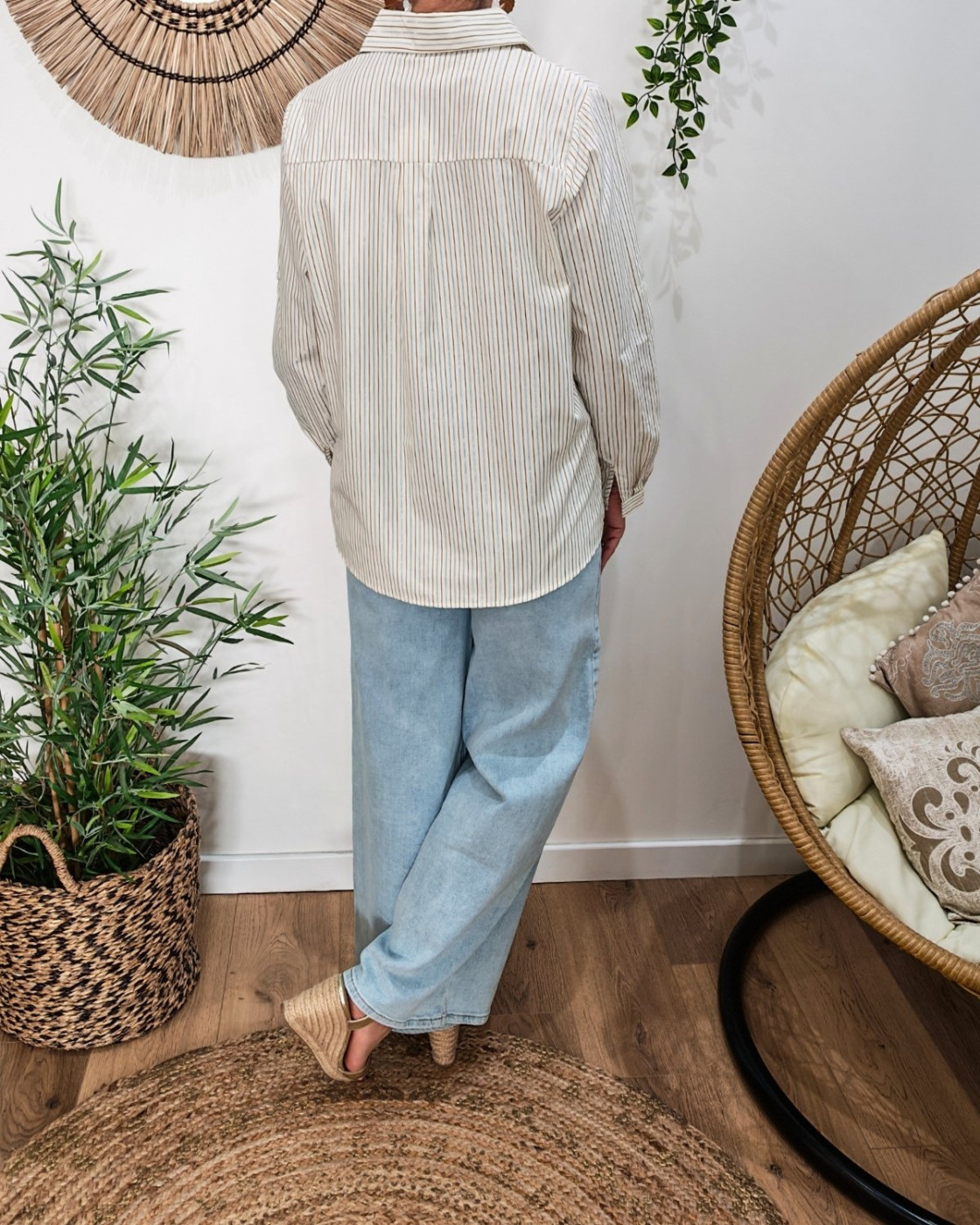 Chemisier femme rayé camel et argenté