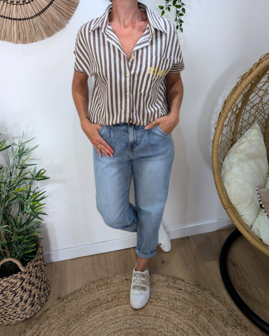 Chemisier femme manche courte rayée marron et blanche Doina