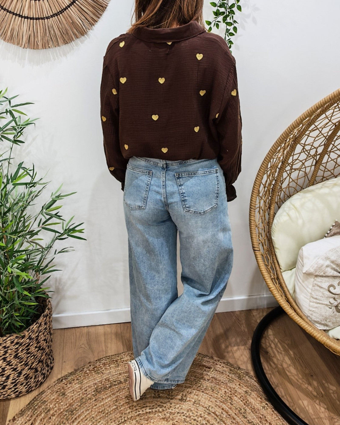 Chemisier femme coton gaze marron coeurs brodés dorés