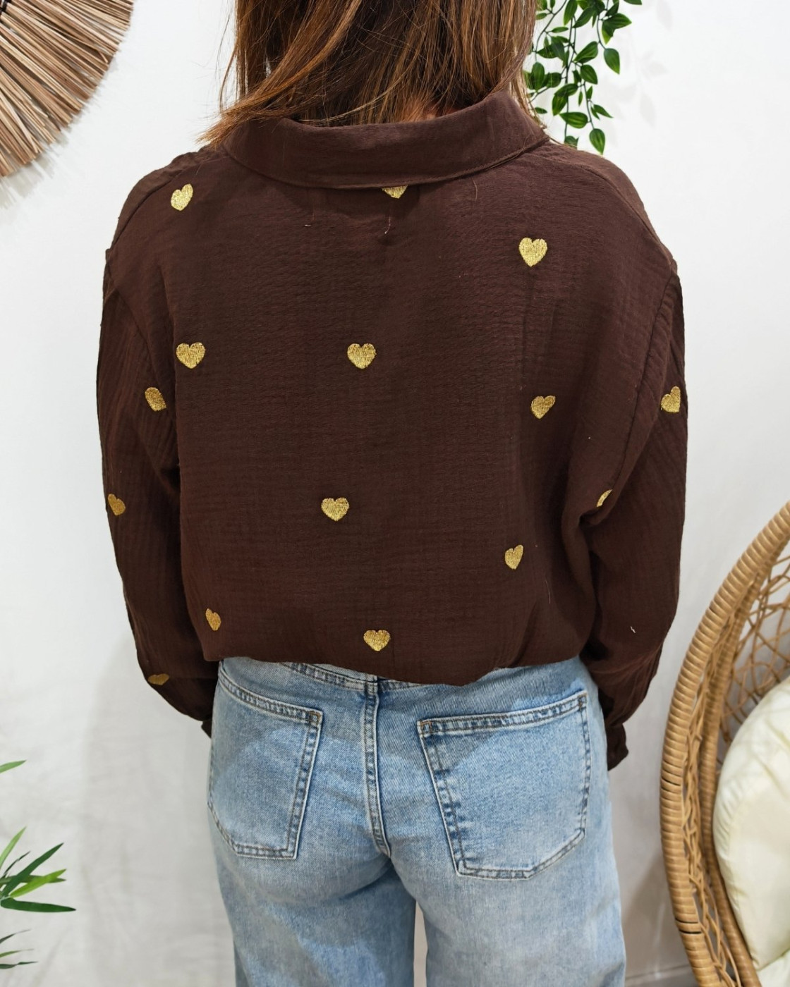Chemisier femme coton gaze marron coeurs brodés dorés