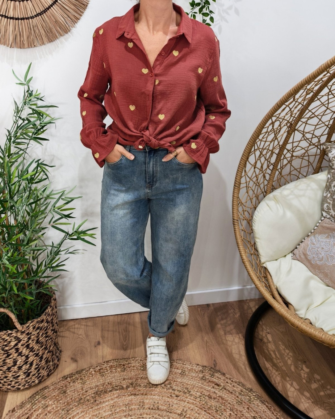 Chemisier femme coton gaze terracotta coeurs brodés dorés