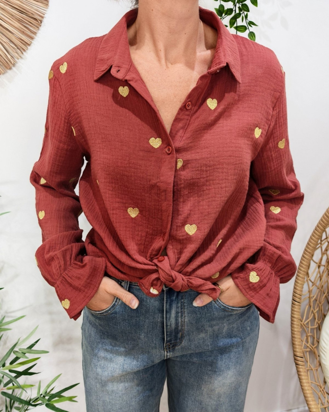 Chemisier femme coton gaze terracotta coeurs brodés dorés