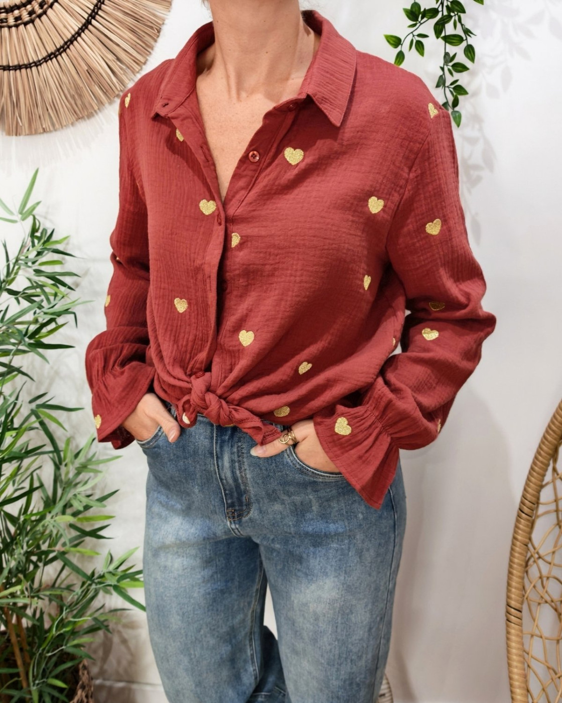 Chemisier femme coton gaze terracotta coeurs brodés dorés