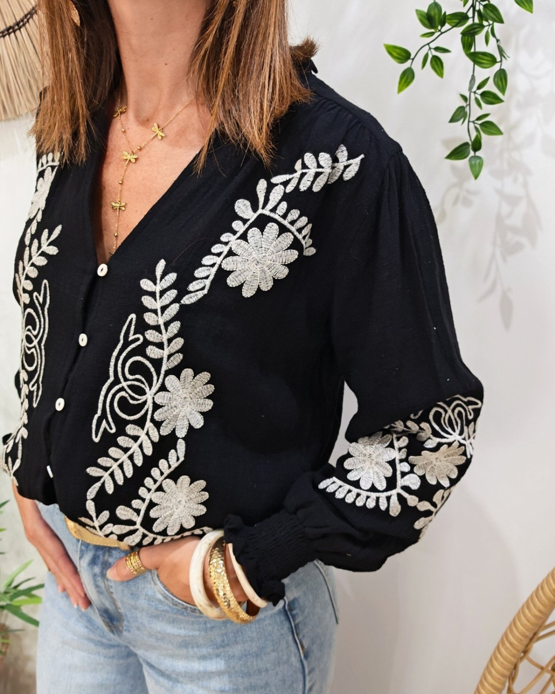 Chemisier femme coton noir broderies blanches Octavia