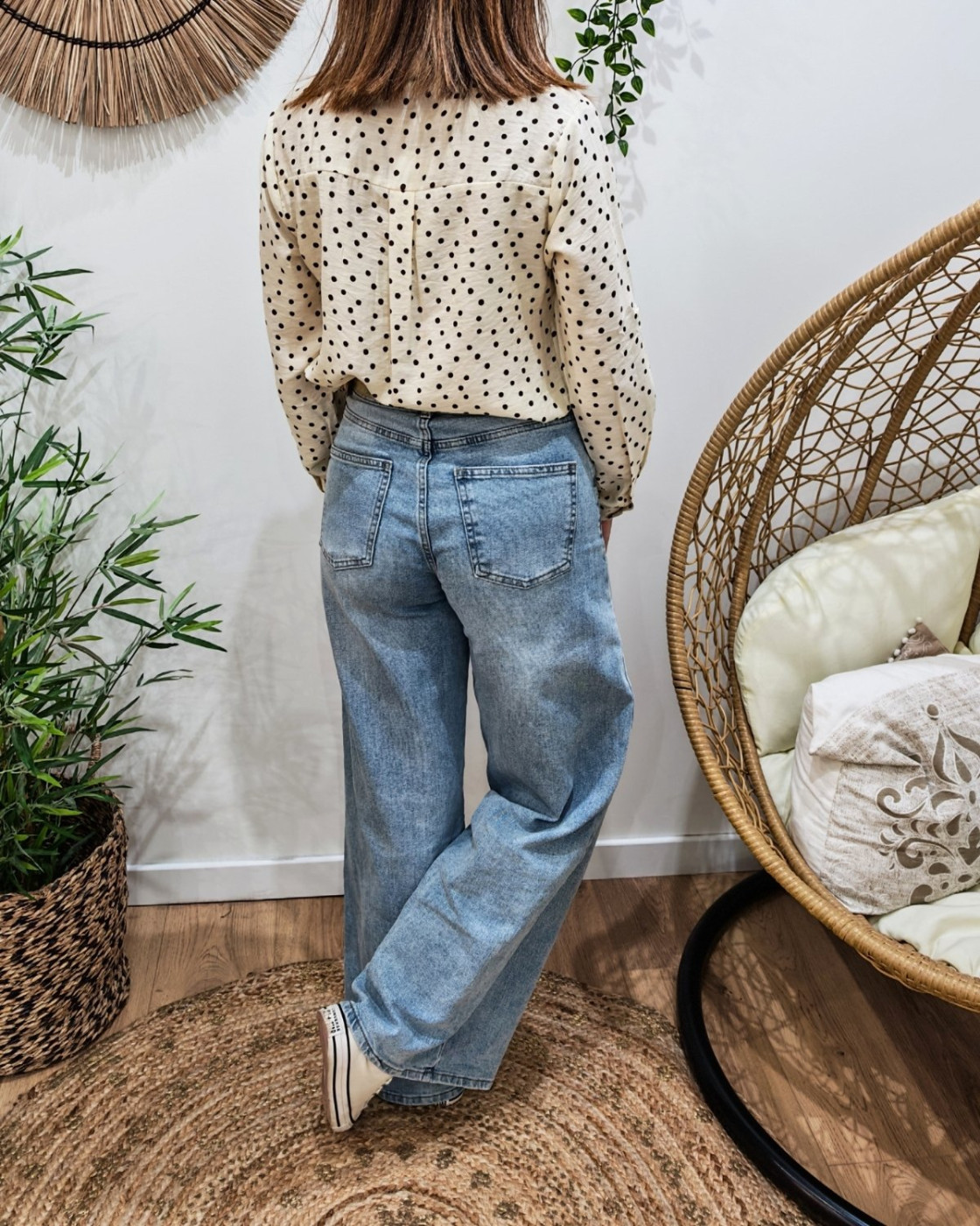 Chemisier femme beige à pois marrons