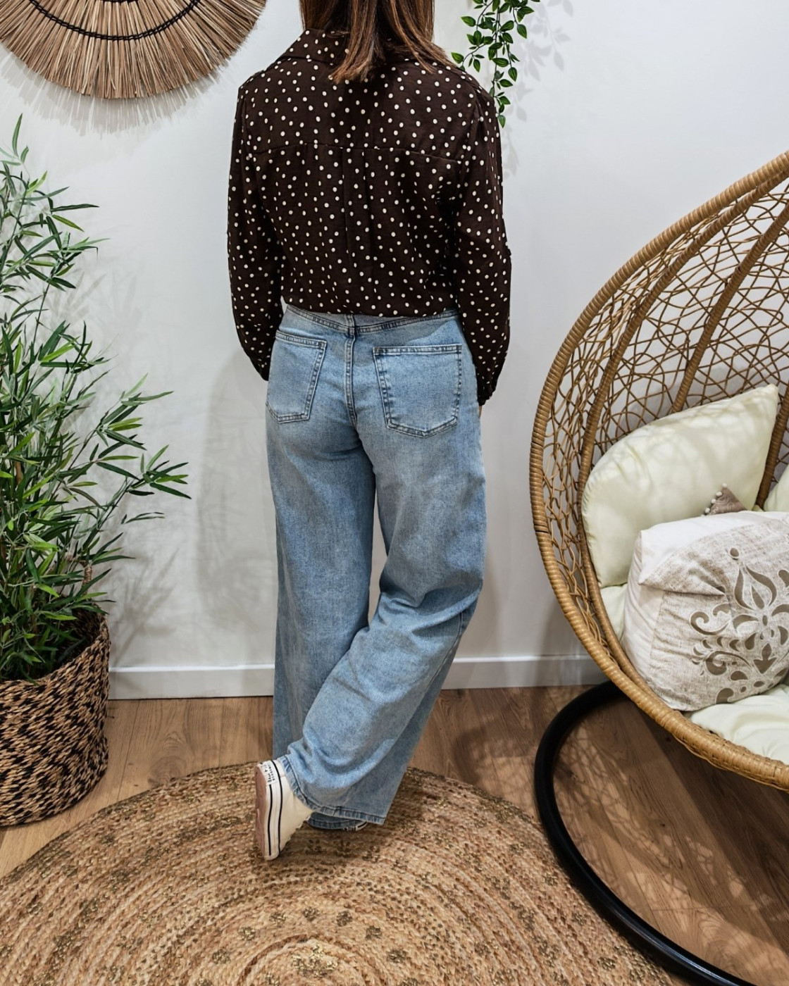 Chemisier femme marron à pois beiges