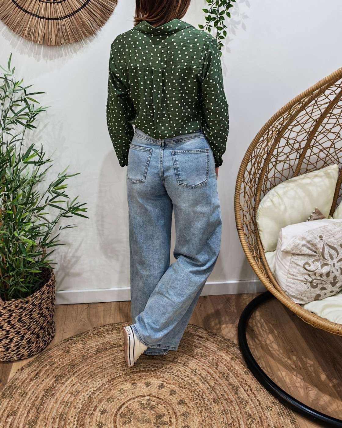 Chemisier femme kaki à pois beiges