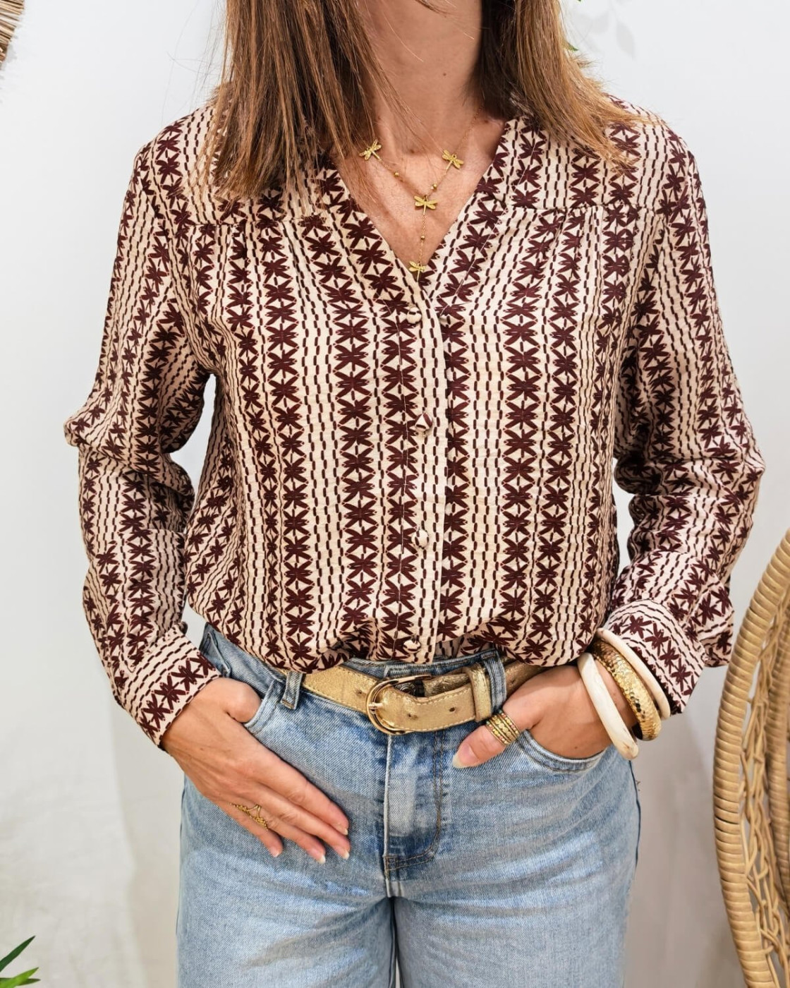 Chemisier femme beige motifs terracotta Melania