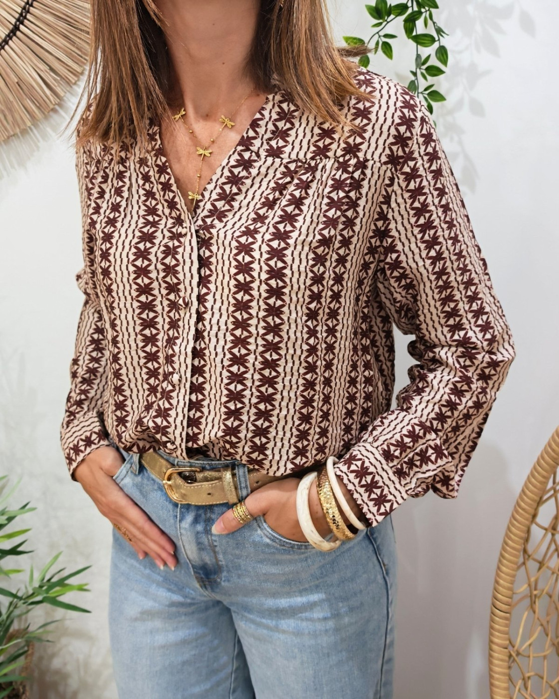 Chemisier femme beige motifs terracotta Melania