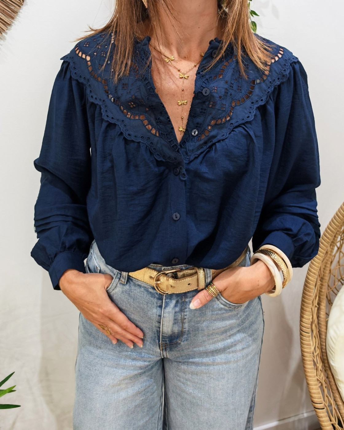 Chemisier femme bleu marine brodé col mao Mafalda
