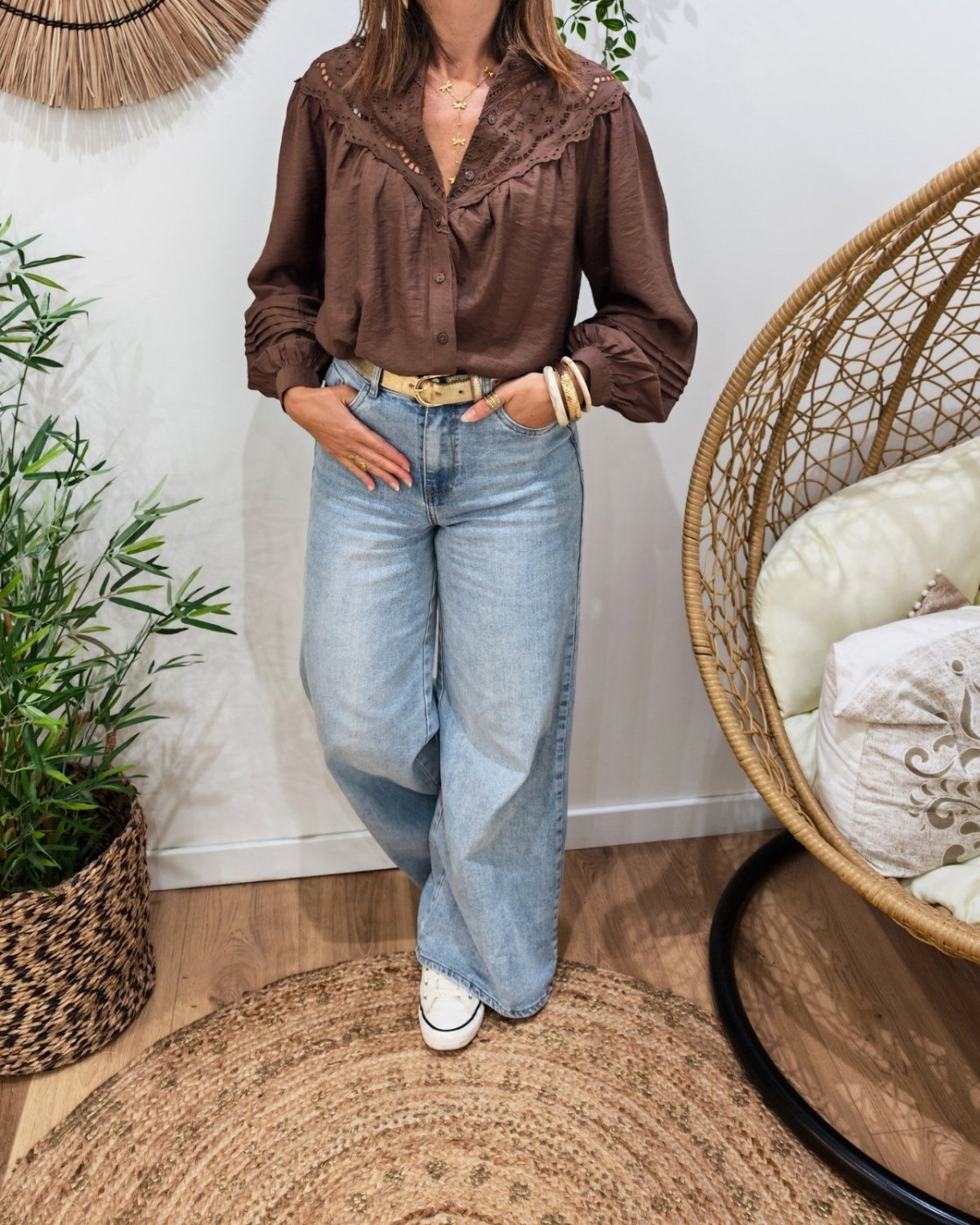 Chemisier femme marron brodé col mao Mafalda