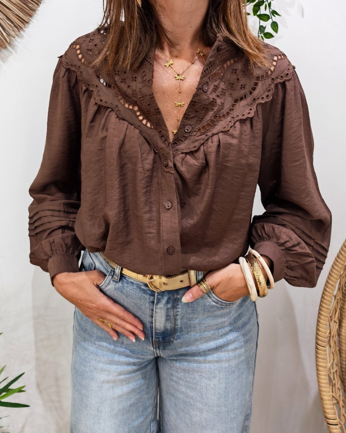 Chemisier femme marron brodé col mao Mafalda