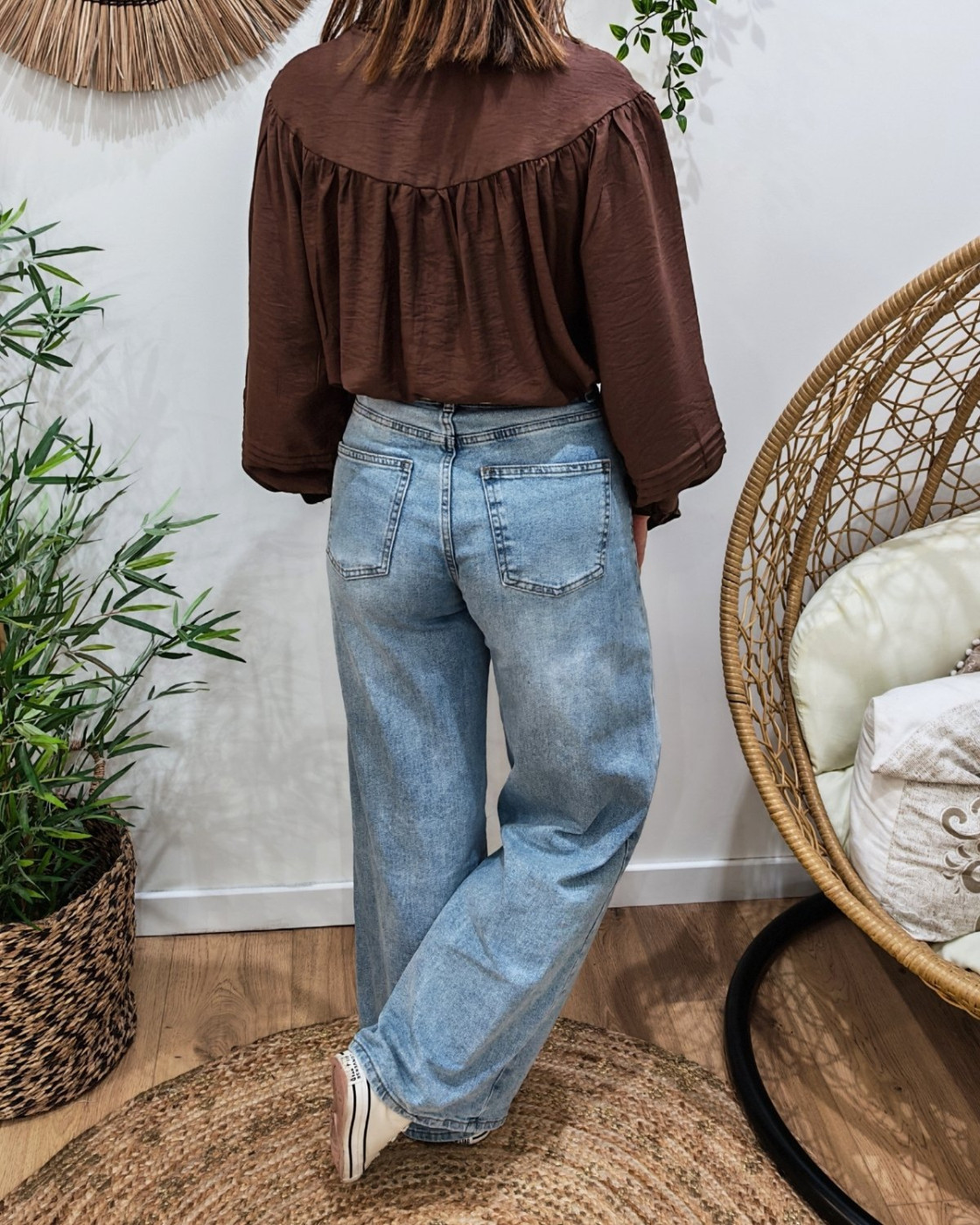 Chemisier femme marron brodé col mao Mafalda