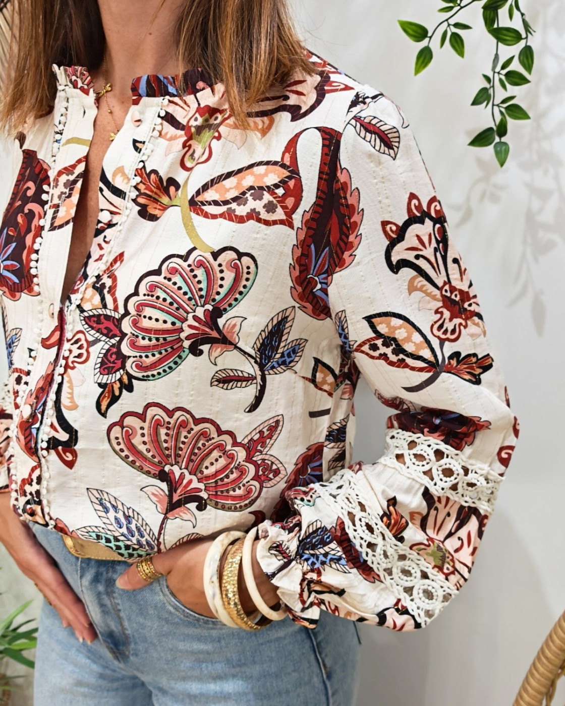 Chemisier femme beige fleurs terracotta multicolores Maddalena