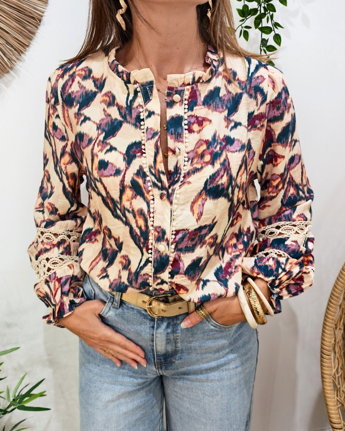 Chemisier femme beige motifs multicolores Imelda