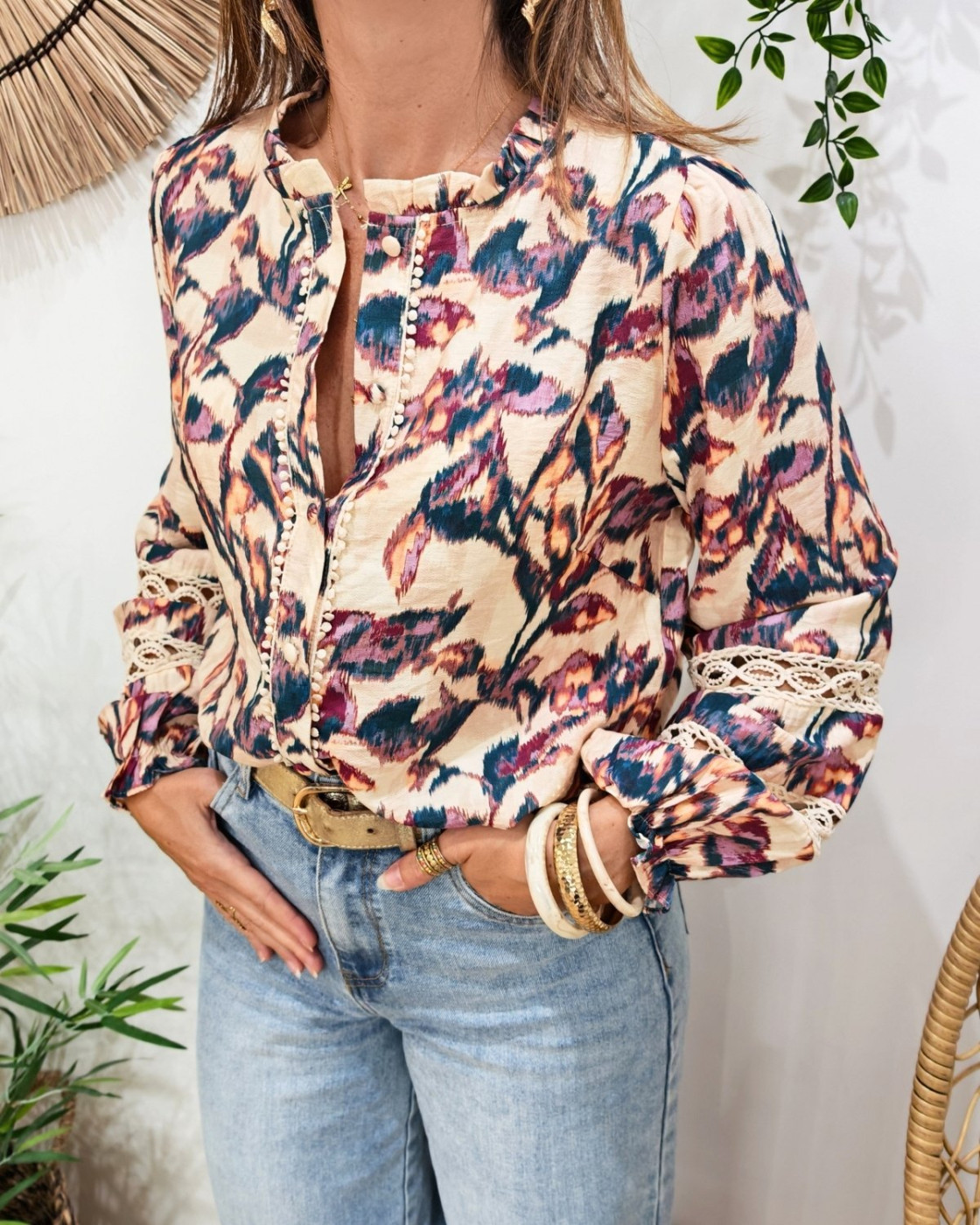 Chemisier femme beige motifs multicolores Imelda