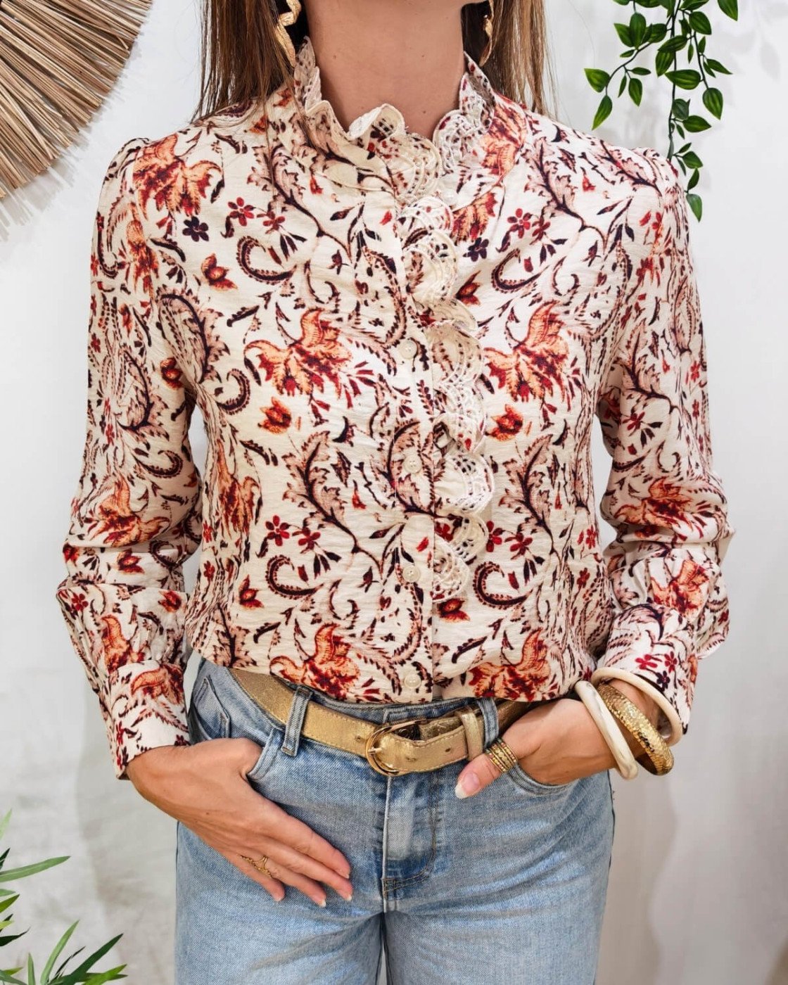 Chemisier femme beige fleurs orangées col brodé beige Alice