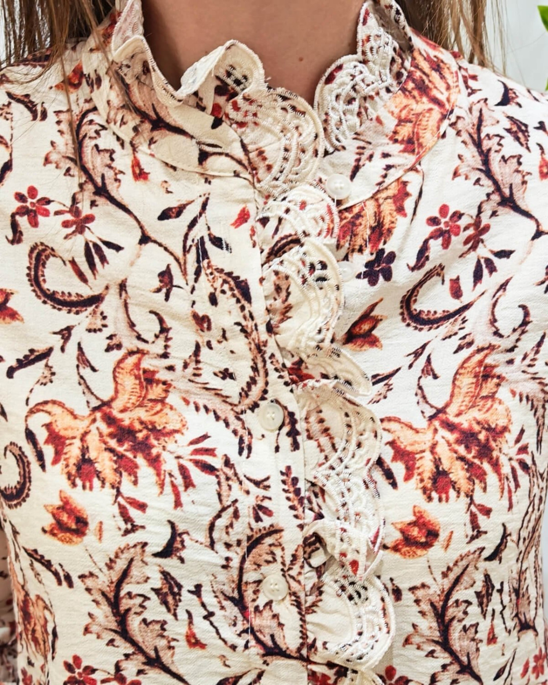 Chemisier femme beige fleurs orangées col brodé beige Alice