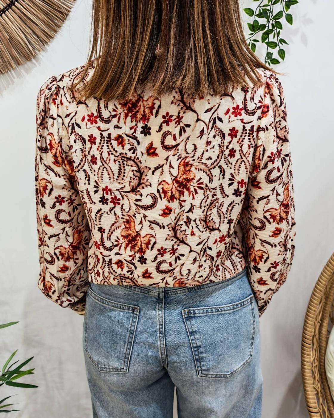 Chemisier femme beige fleurs orangées col brodé beige Alice