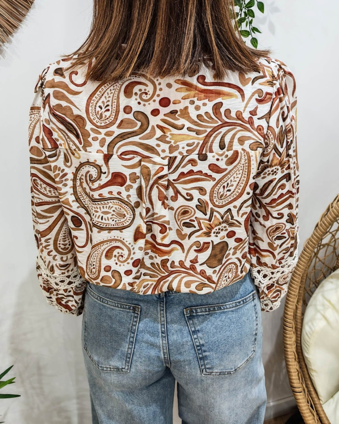 Chemisier femme écru motifs camels et broderies Annie