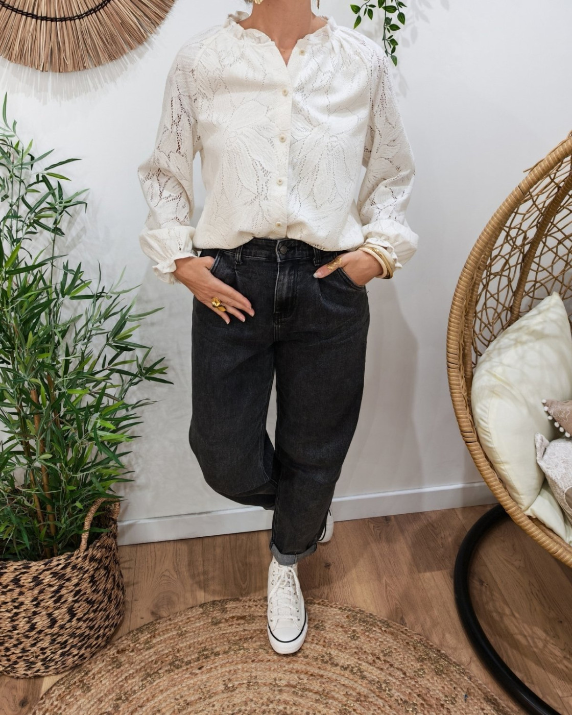 Chemisier femme beige ajouré Océana
