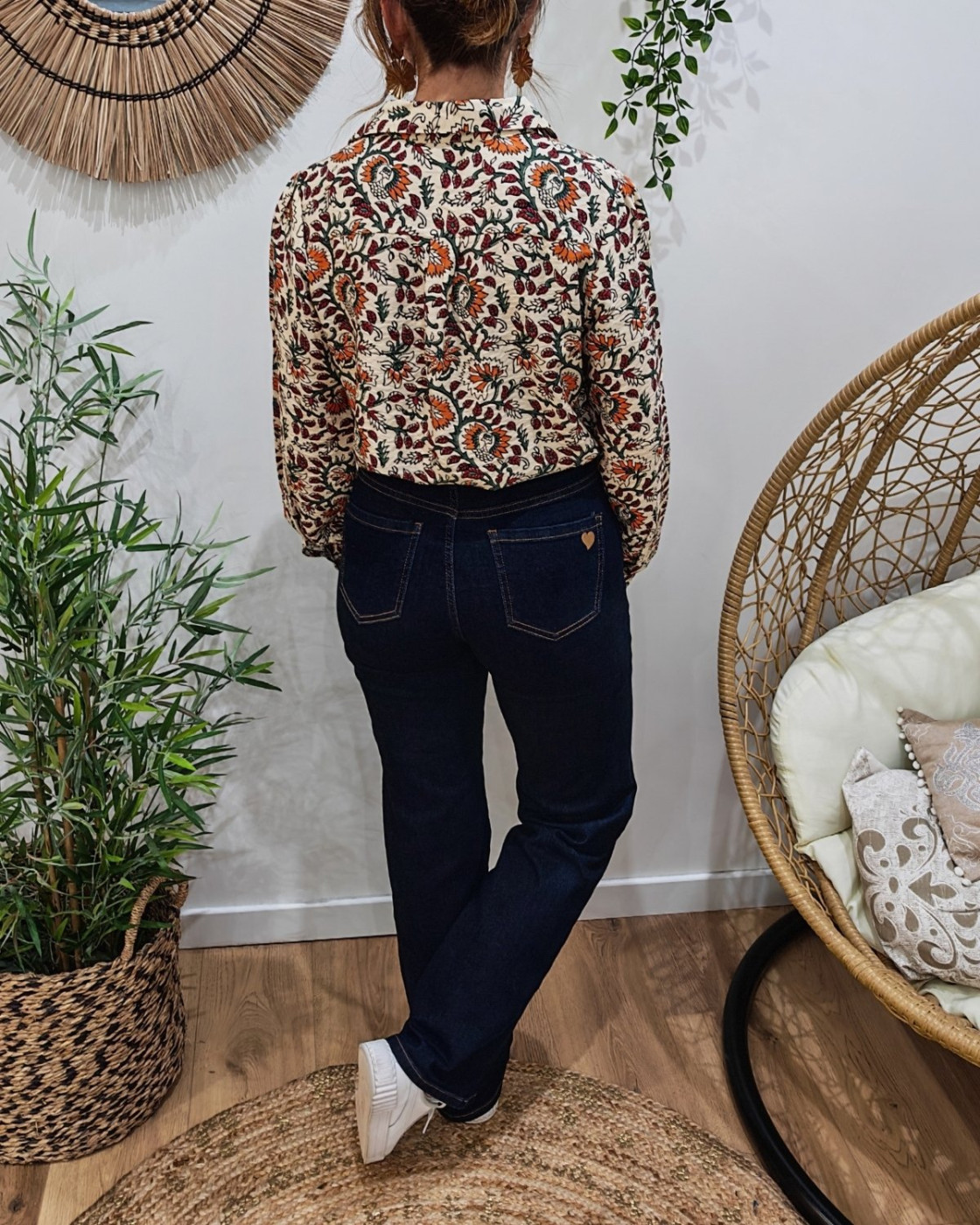 Chemisier femme beige fleurs terracotta et vertes Lurdes