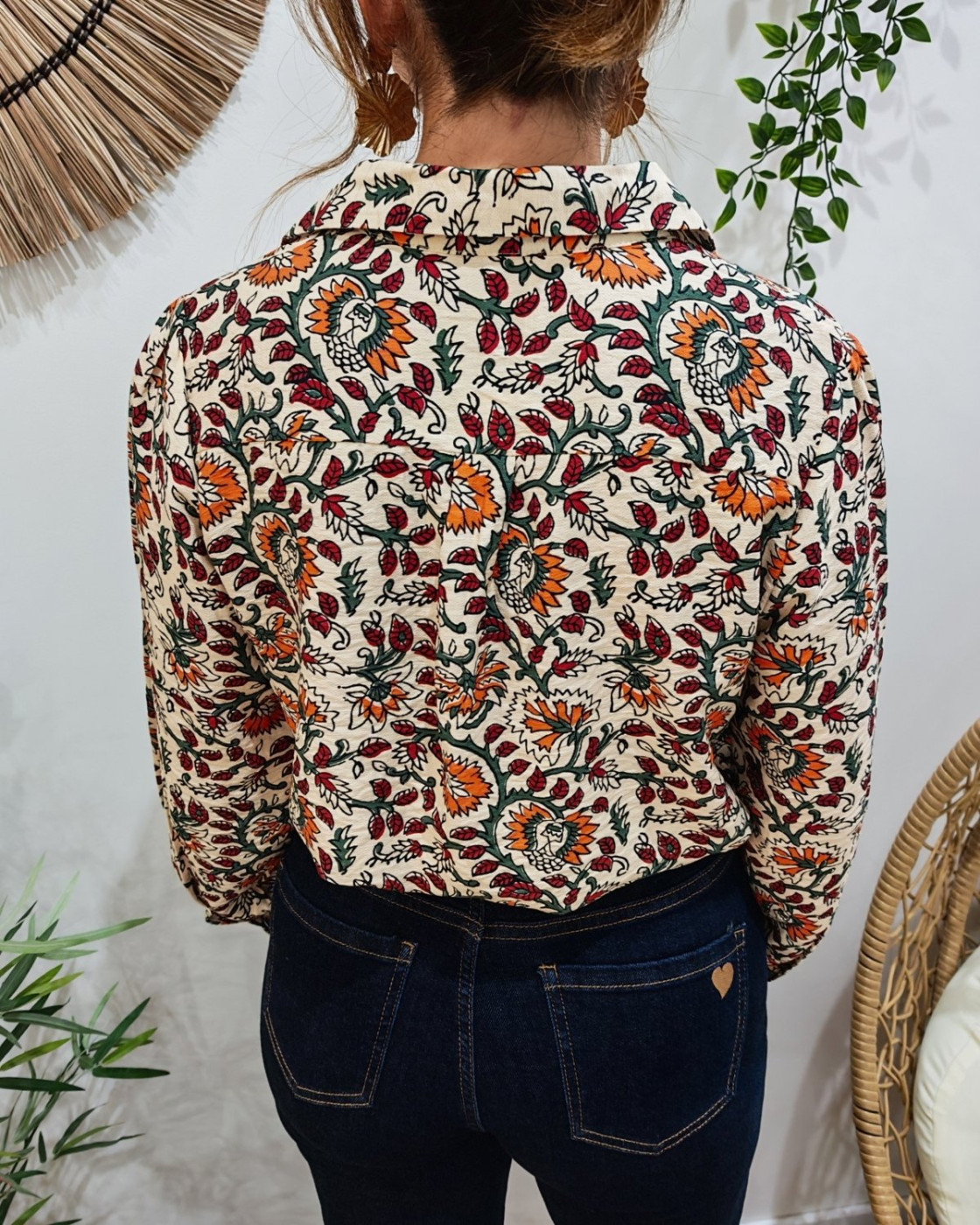 Chemisier femme beige fleurs terracotta et vertes Lurdes