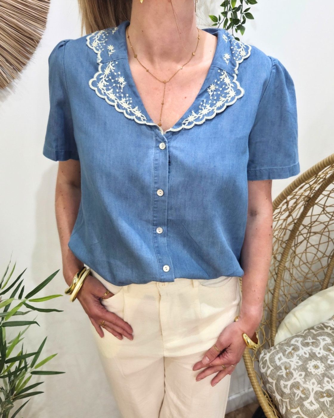 Chemisier femme jean col claudine brodé Idun
