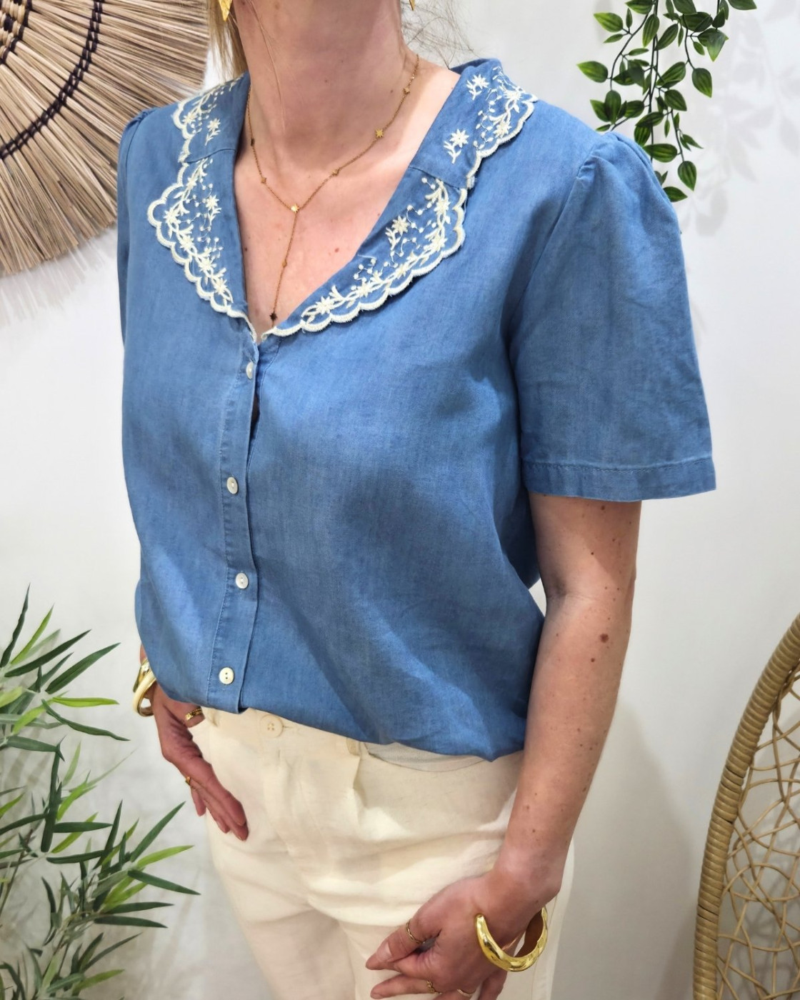 Chemisier femme jean col claudine brodé Idun