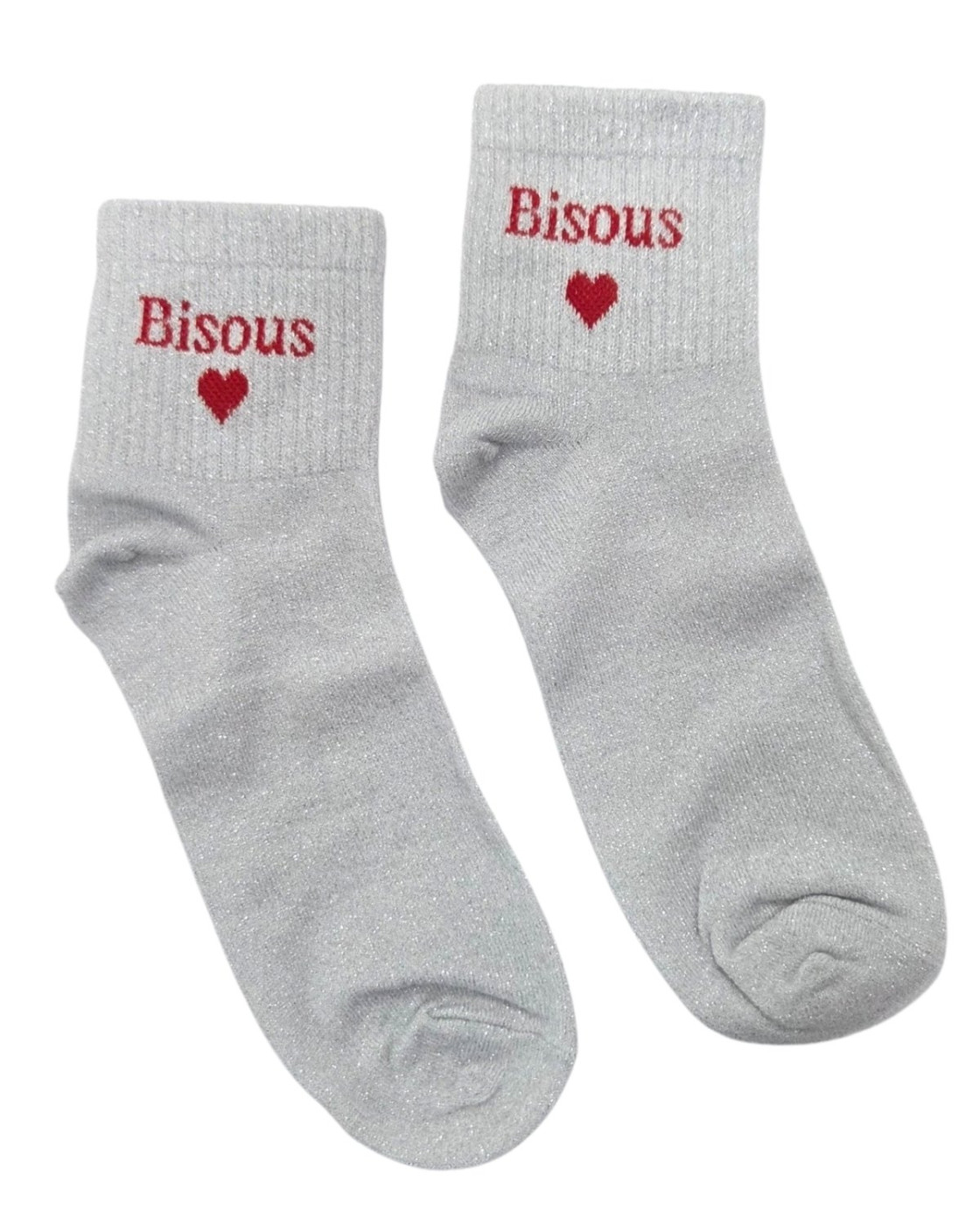 Chaussettes femme blanches pailletées Bisous coeur rouge