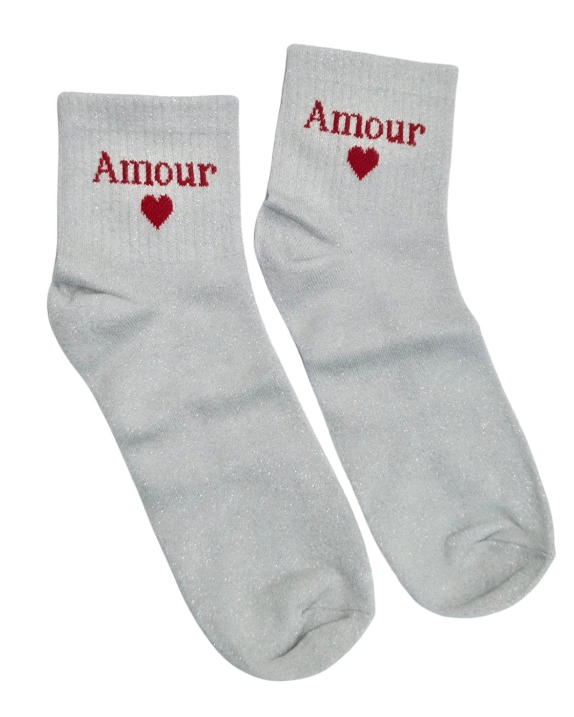 Chaussettes femme blanches pailletées Amour coeur rouge