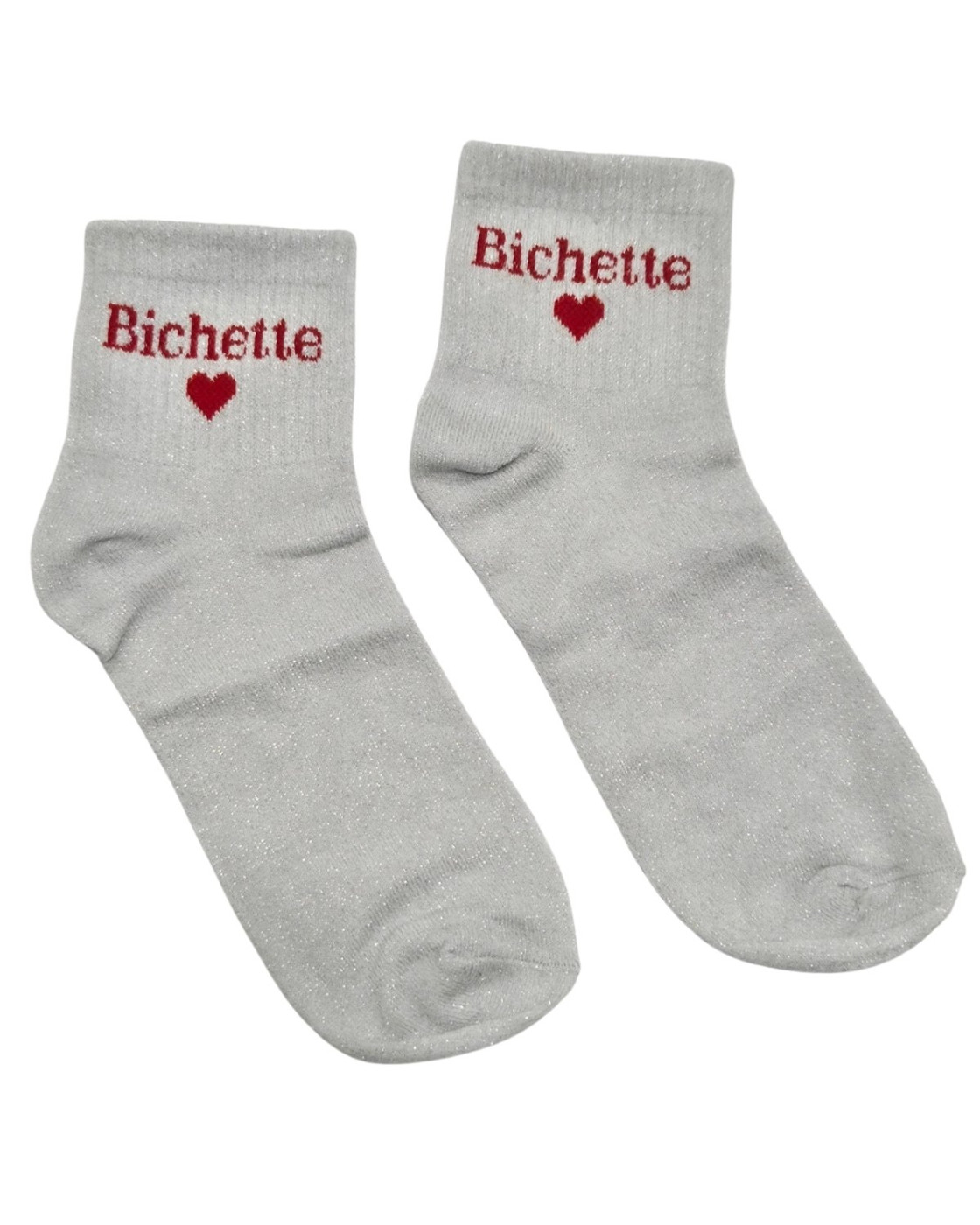 Chaussettes femme blanches pailletées Bichette coeur rouge