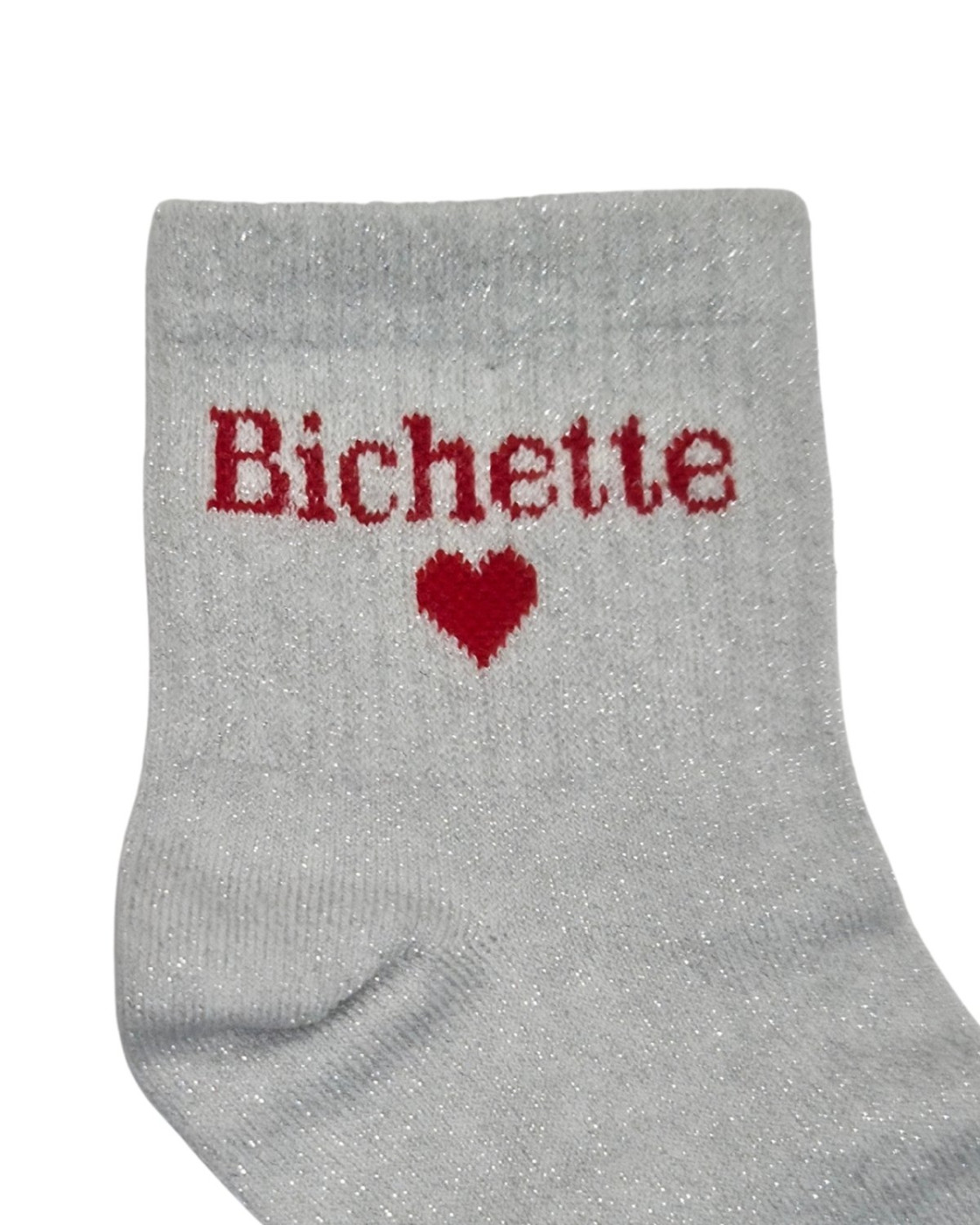 Chaussettes femme blanches pailletées Bichette coeur rouge
