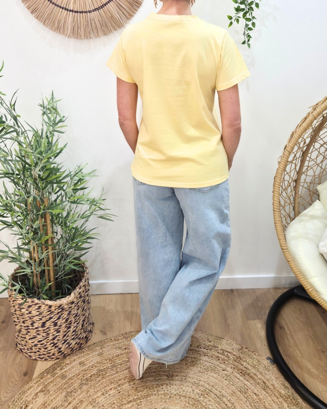 T-Shirt femme jaune pâle broderie coeur doré