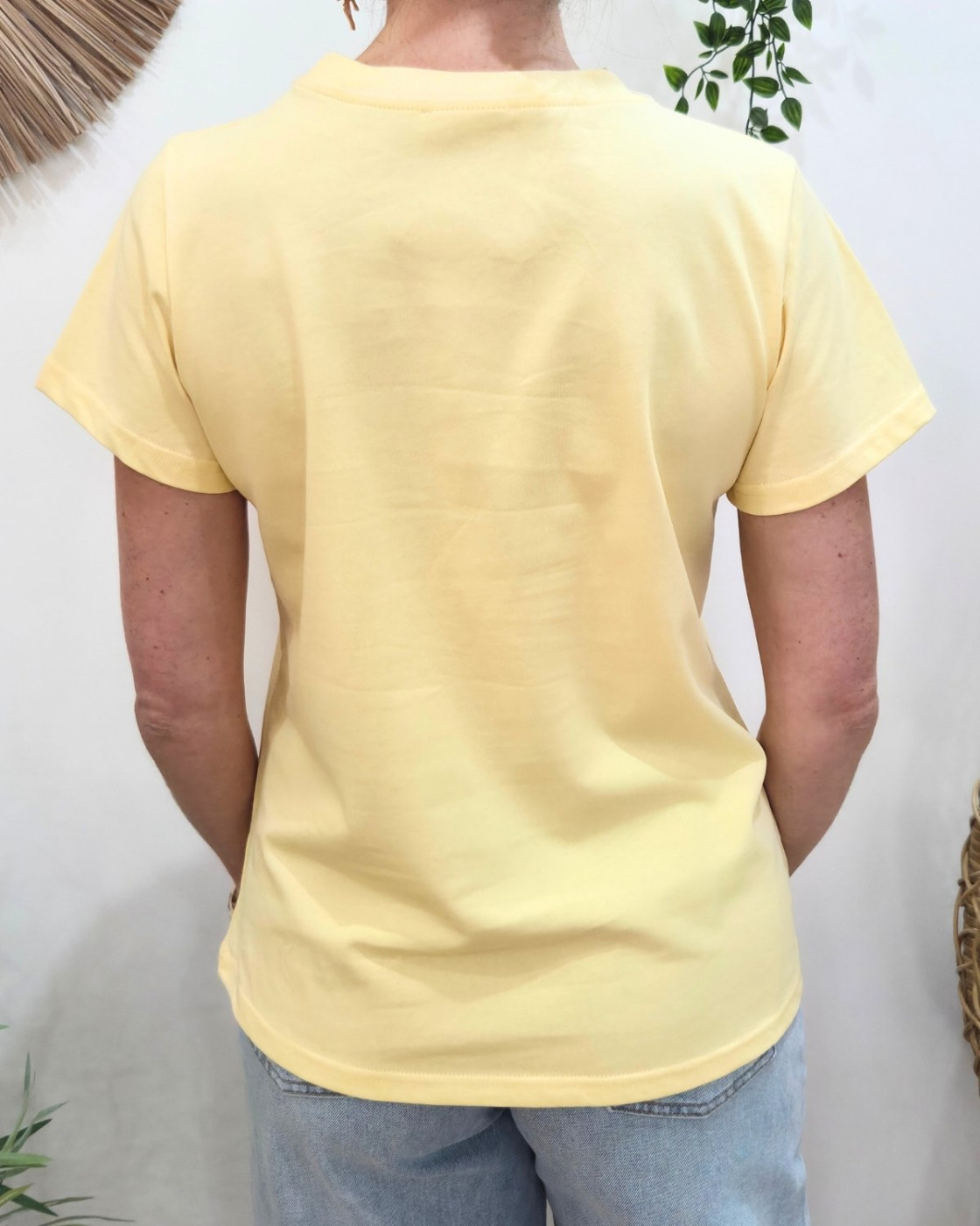 T-Shirt femme jaune pâle broderie coeur doré