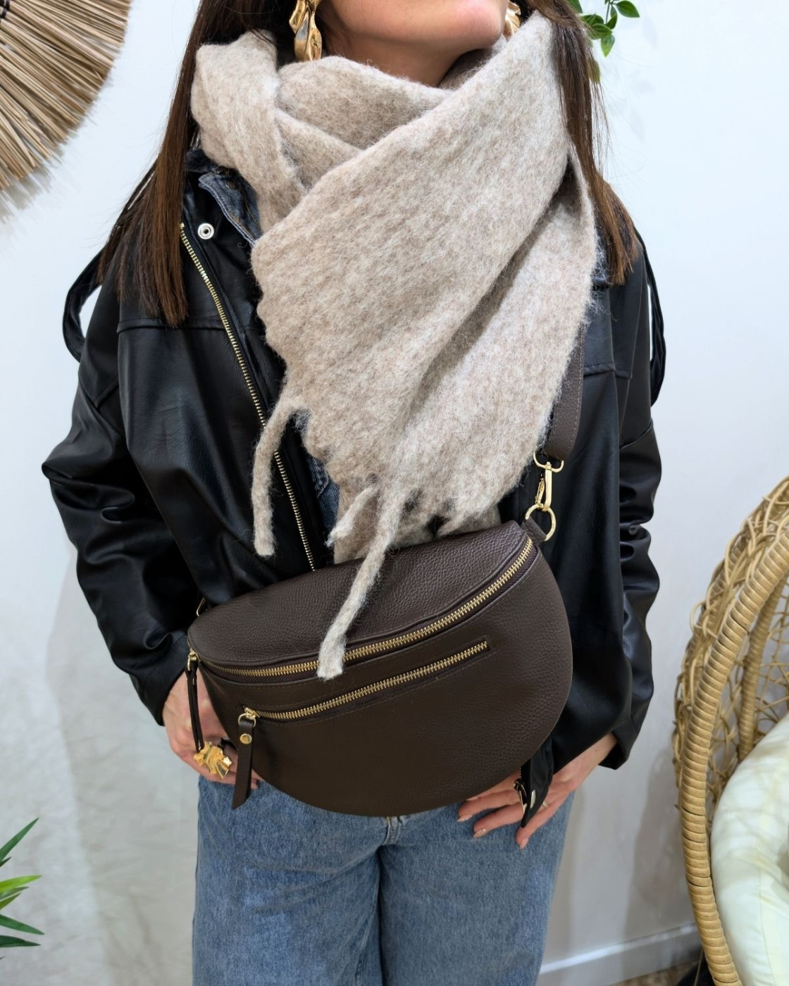 Sac banane cuir femme double zip Saphora