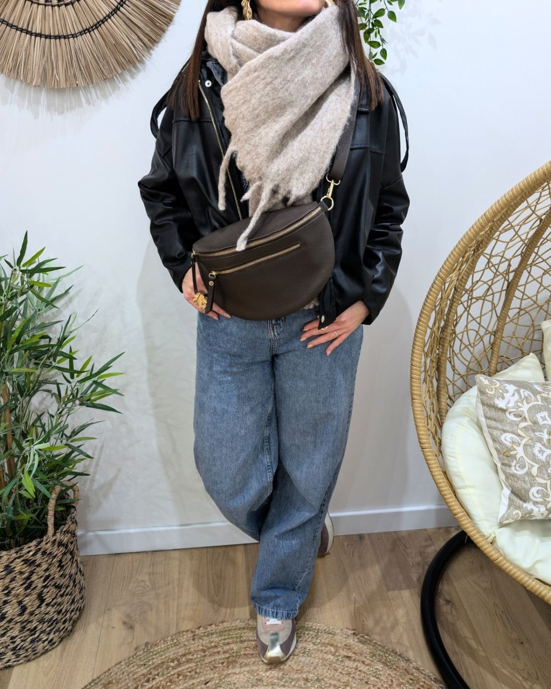 Sac banane cuir femme double zip Saphora