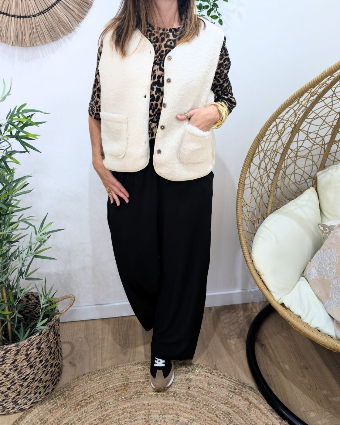 Gilet femme sans manche bouclettes écru Candice