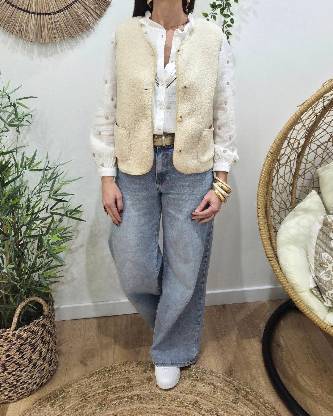 Gilet femme sans manche bouclettes beige Alya