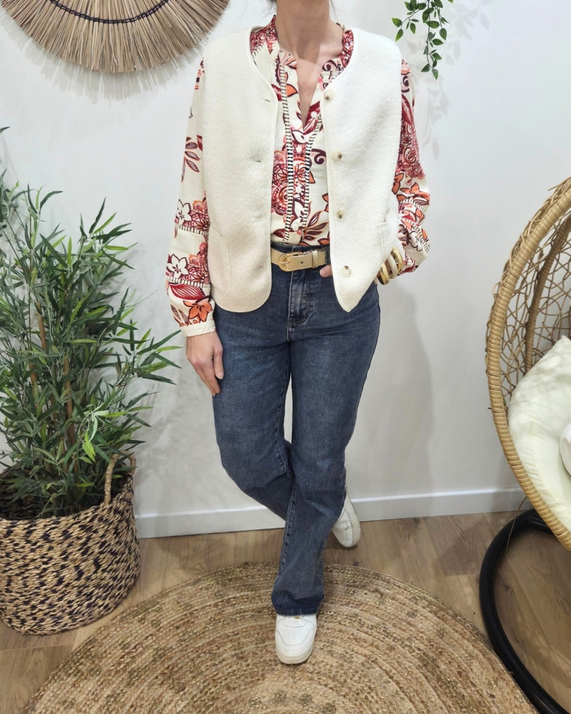 Gilet femme sans manche bouclettes écru Alya