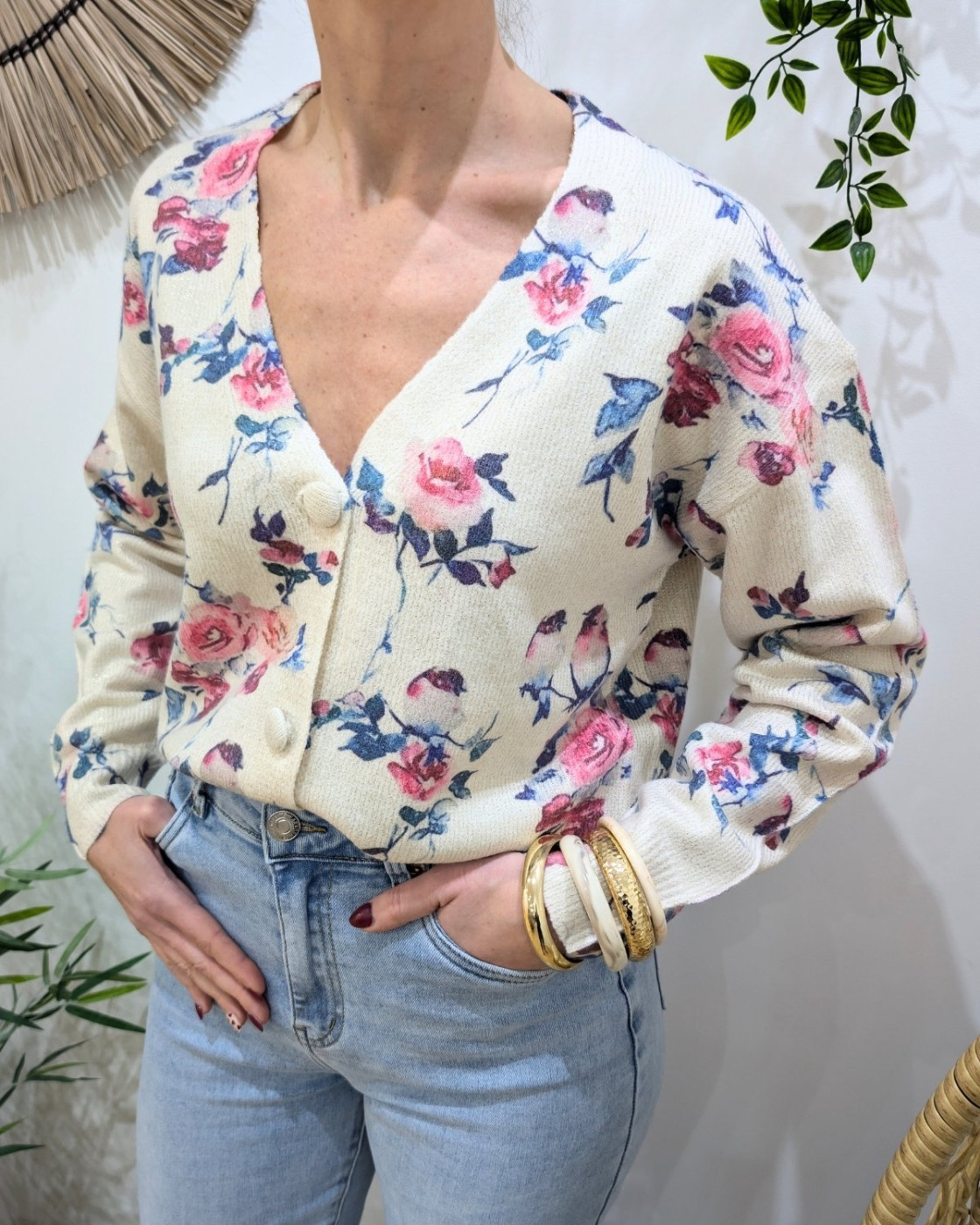 Gilet boutonné femme imprimé fleurs roses