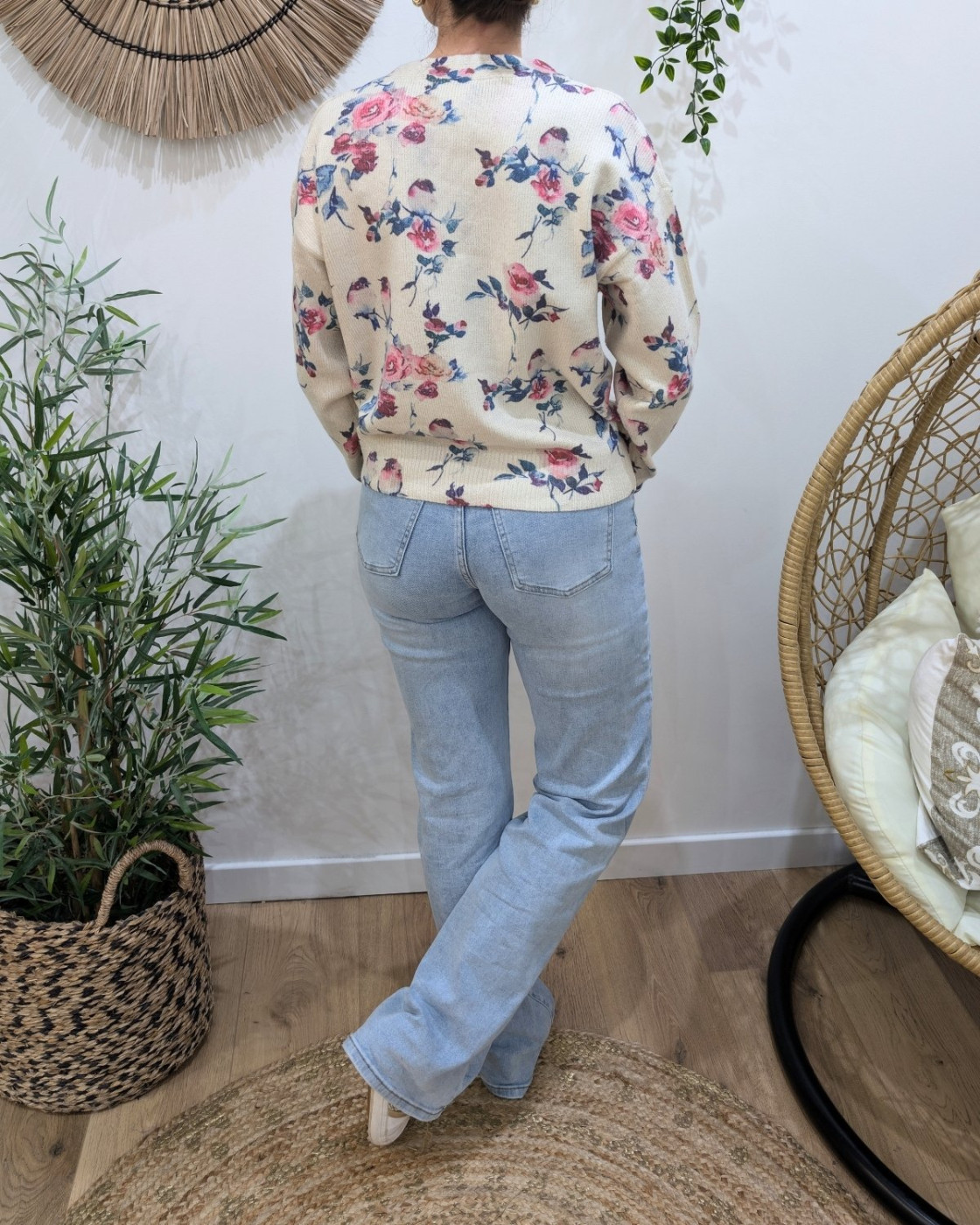 Gilet boutonné femme imprimé fleurs roses