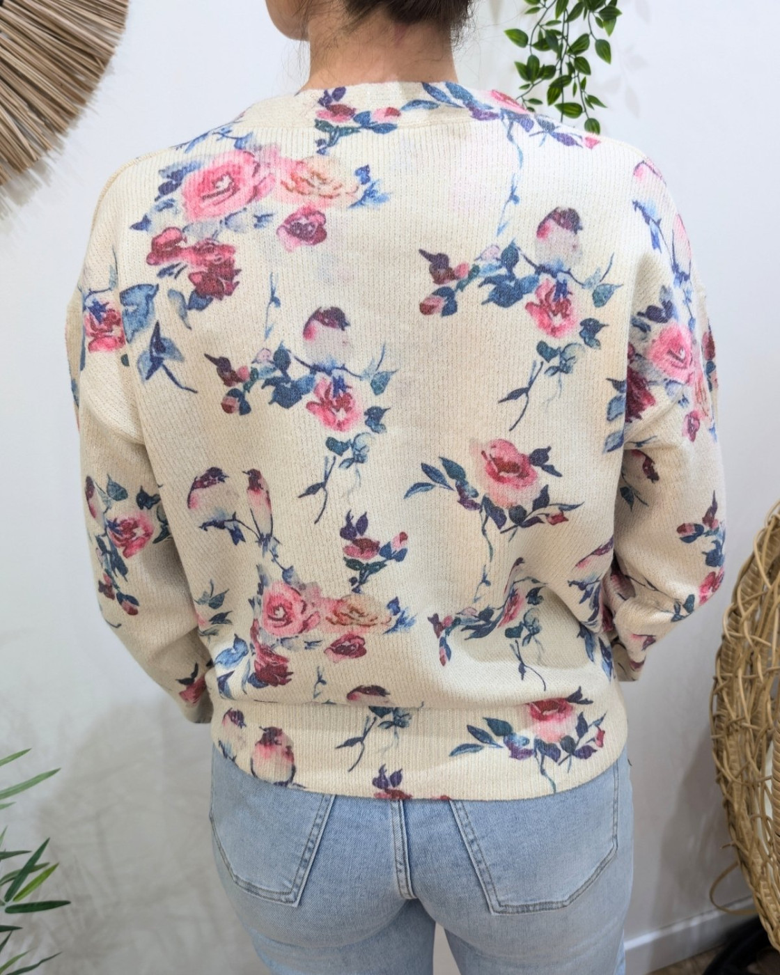 Gilet boutonné femme imprimé fleurs roses