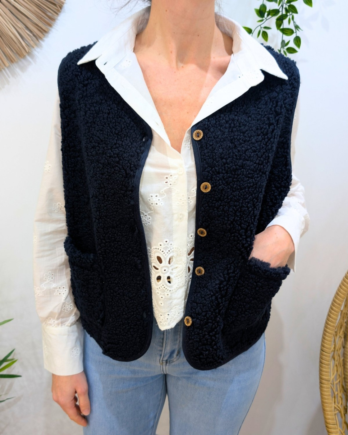 Gilet femme sans manche bouclettes bleu marine Candice