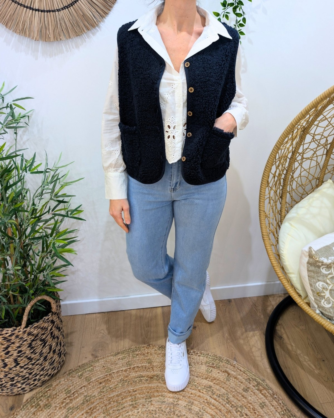 Gilet femme sans manche bouclettes bleu marine Candice